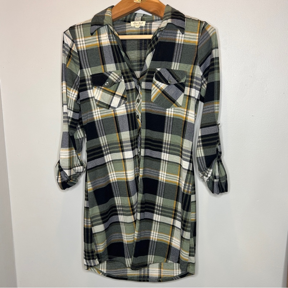 Ultra Flirt Plaid Shirt Dress Woman’s Green No Belt Sz L Coastal Granddaughter